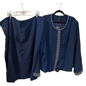 NWT Midnight Velvet Skirt Blazer Set Navy Pearl-Embellished Ensemble 24W
